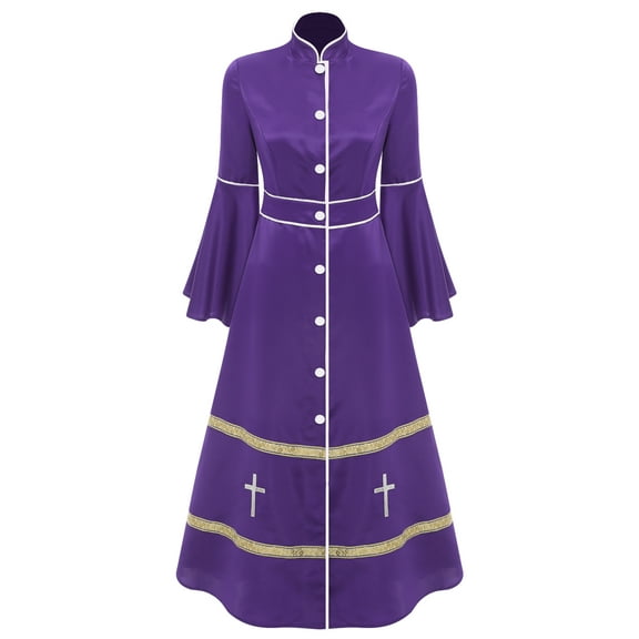 inlzdz Church Clergy Dress for Women Long Sleeve Buttons Minister Choir Robe Liturgical Vestments Purple 3XL