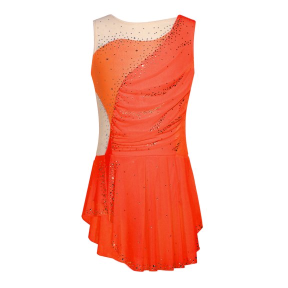 inlzdz Figure Ice Skating Dress for Girls Ballet Dance Costumes Lyrical Competitions Leotards Cha-Cha Gymnastics Skirt Orange 10