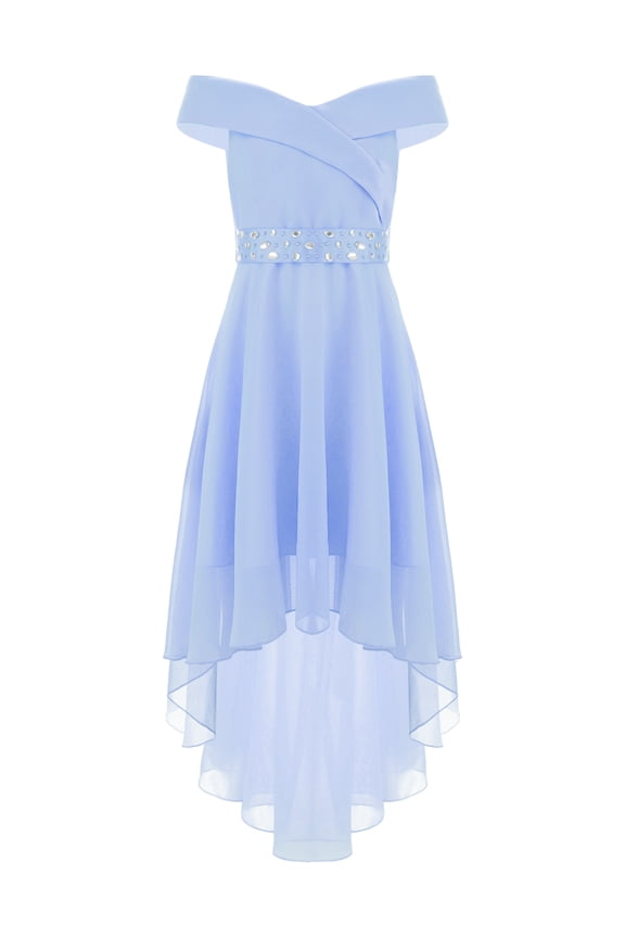 Flower Girl Dress Kids Off Shoulder Chiffon Wedding Bridesmaid Dress Birthday Dance Party Ball Gown Light Blue 16