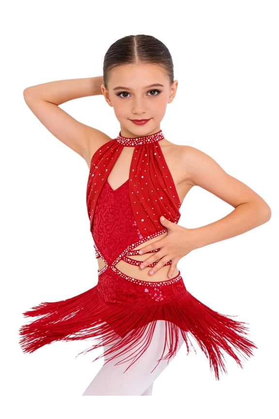 Fringe Latin Dance Dress for Girls Sparkly Sequin Tassel Stage Outfit Chacha Rumba Jazz Ballet Leotards Red 6