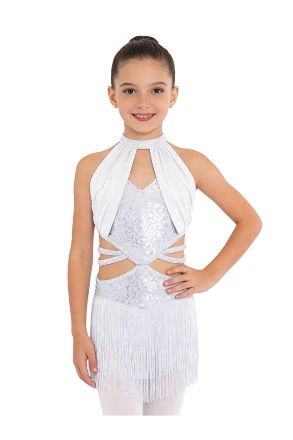 Fringe Latin Dance Dress for Girls Sparkly Sequin Tassel Stage Outfit Chacha Rumba Jazz Ballet Leotards White 6