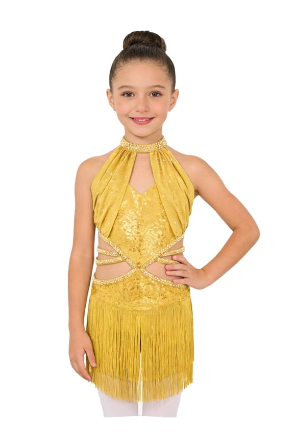 Fringe Latin Dance Dress for Girls Sparkly Sequin Tassel Stage Outfit Chacha Rumba Jazz Ballet Leotards Yellow 6