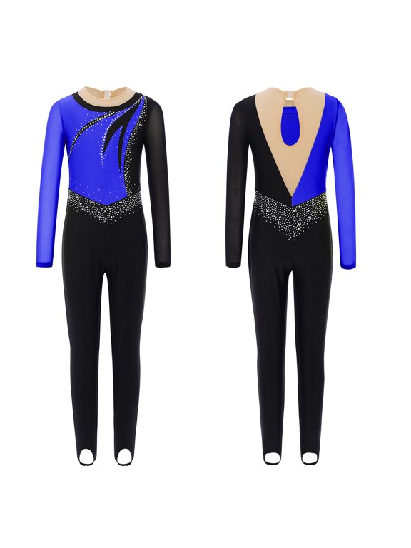 Girl's Color Block Ballet Dance Bodysuit One Piece Gymnastics Unitard Full Body Jumpsuit Blue 6