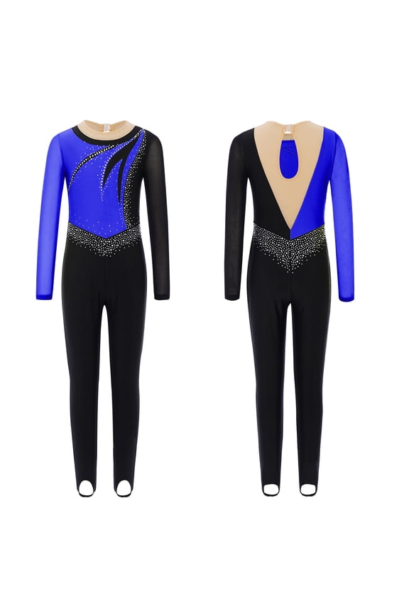 Girl's Color Block Ballet Dance Bodysuit One Piece Gymnastics Unitard Full Body Jumpsuit Blue 8