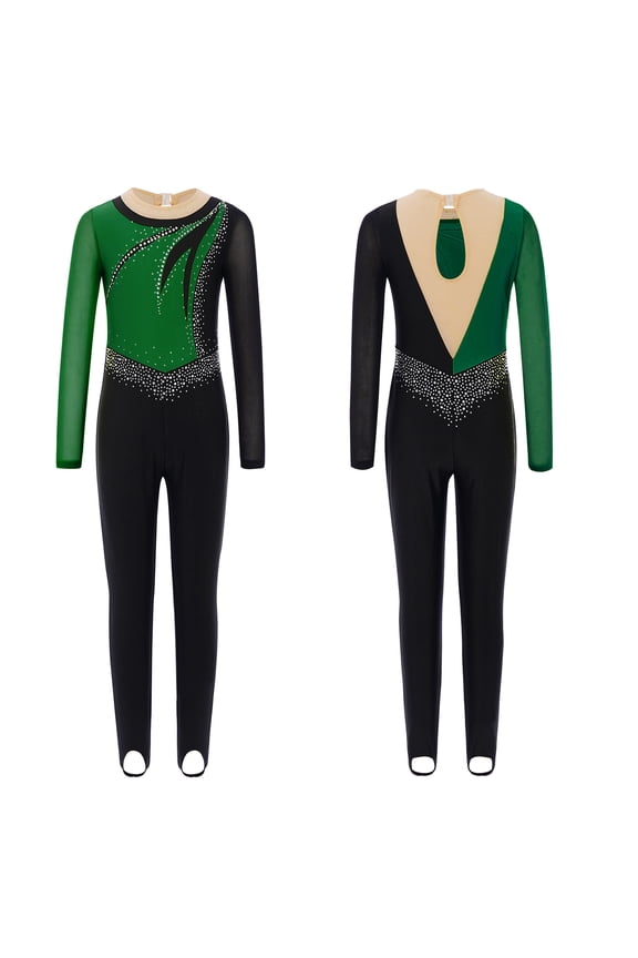 Girl's Color Block Ballet Dance Bodysuit One Piece Gymnastics Unitard Full Body Jumpsuit Dark Green 6