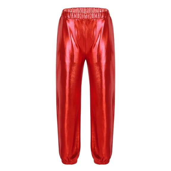 inlzdz Girl's Metallic Elastic Waist Jogger Pants Shiny Jazz Street Hip Hip Dance Trousers Streetwear Red 10