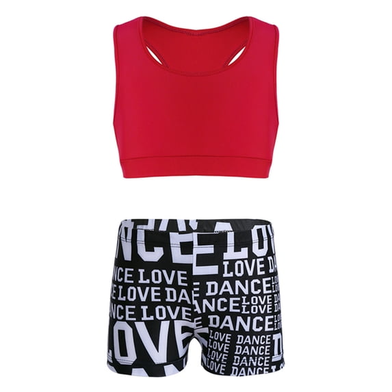 inlzdz Girls 2 Piece Gymnastics Sport Dance Outfit Racer Back Crop Top with Boyshort Athletic Dancewear Red 7-8