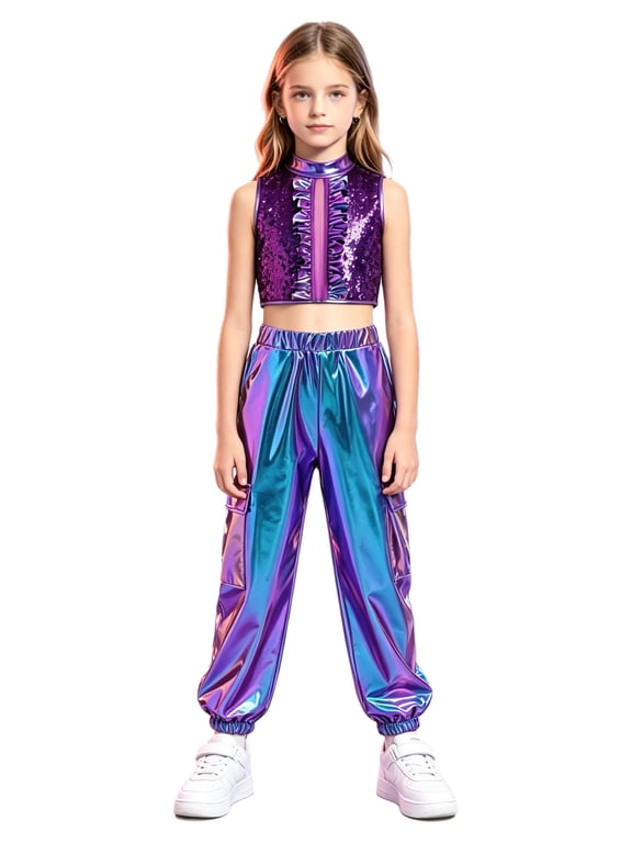 Girls 2 Piece Hip Hop Dancing Sets Street Dance Outfit Streetwear for Stage Performance Blue 12