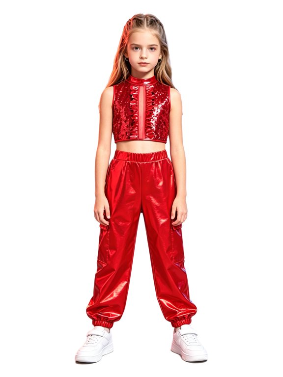 Girls 2 Piece Hip Hop Dancing Sets Street Dance Outfit Streetwear for Stage Performance Red 6