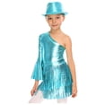 thumbnail image 1 of inlzdz Girls 3Pcs Groovy Jazz Dance Disco Outfit Metallic One Flared Sleeve Leotard with Tassel Skirt Sequin Hat Set Blue 16, 1 of 7