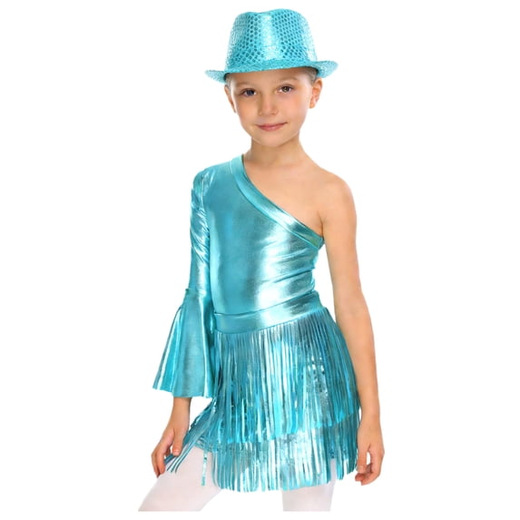 inlzdz Girls 3Pcs Groovy Jazz Dance Disco Outfit Metallic One Flared Sleeve Leotard with Tassel Skirt Sequin Hat Set Blue 16