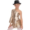 thumbnail image 1 of inlzdz Girls 3Pcs Groovy Jazz Dance Disco Outfit Metallic One Flared Sleeve Leotard with Tassel Skirt Sequin Hat Set Camel 8, 1 of 7