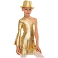thumbnail image 1 of inlzdz Girls 3Pcs Groovy Jazz Dance Disco Outfit Metallic One Flared Sleeve Leotard with Tassel Skirt Sequin Hat Set Gold 10, 1 of 7