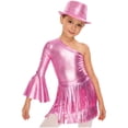 thumbnail image 1 of inlzdz Girls 3Pcs Groovy Jazz Dance Disco Outfit Metallic One Flared Sleeve Leotard with Tassel Skirt Sequin Hat Set Pink 8, 1 of 7