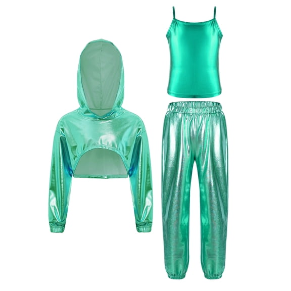 inlzdz Girls 3Pcs Popular Singer Outfits Metallic Cropped Hoodie Tank Crop Top Pants Hip Hop Jazz Dancewear Light Green 6