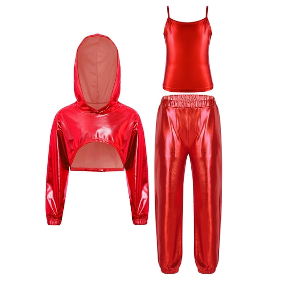 inlzdz Girls 3Pcs Popular Singer Outfits Metallic Cropped Hoodie Tank Crop Top Pants Hip Hop Jazz Dancewear Red 6