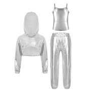 inlzdz Girls 3Pcs Popular Singer Outfits Metallic Cropped Hoodie Tank Crop Top Pants Hip Hop Jazz Dancewear Silver 10