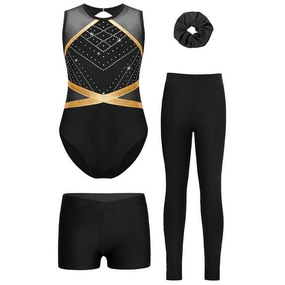 inlzdz Girls 4Pcs Gymnastics Leotard Ice Skating Dance Unitard Matching Shorts Leggings Hair Ties Set Black 10