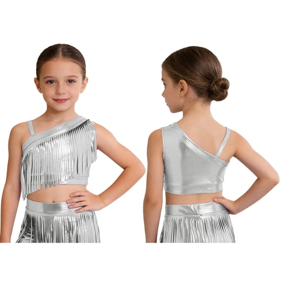 inlzdz Girls Asymmetrical Tassels Jazz Hip Hop Dance Crop Tank Top Cheerleading Performance Cami Shirts Silver 16