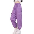 thumbnail image 1 of inlzdz Girls Athletic Cargo Pants Y2K Trousers with Pockets Kids Jogger Loose Sweatpants Wide Leg Purple 120, 1 of 5
