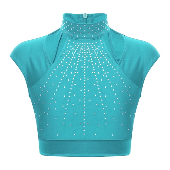 inlzdz Girls Athletic T-Shirt Shiny Rhinestone Short Sleeve Gymnastics Shirt Dance Crop Tops Blue Green 6