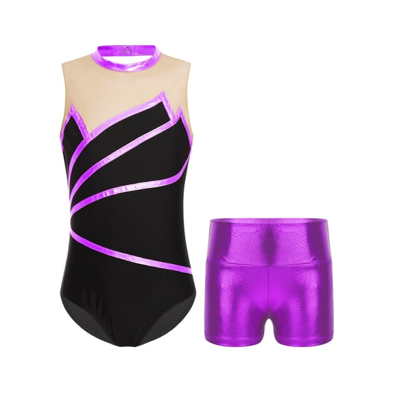 inlzdz Girls Ballet Ice Skating Outfit Metallic Sleeveless Gymnastic Yoga Bodysuit with Shorts Purple 16