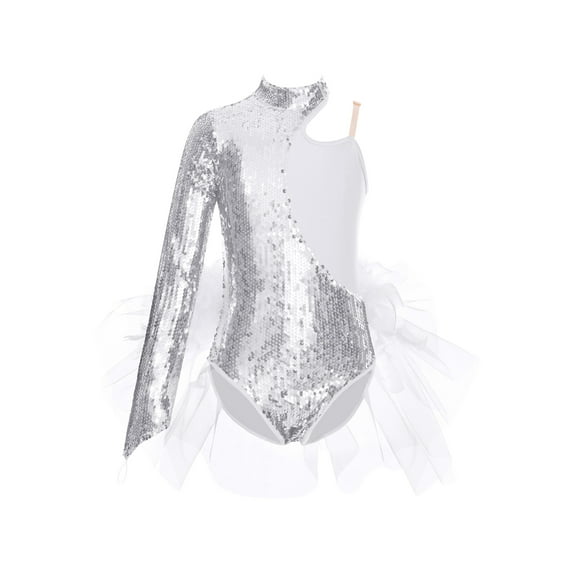 inlzdz Kids Girls Sequin Tulle Skirt Leotard for Ballet Tutu Dress Hip Hop Jazz Modern Dance Costume Silver 6