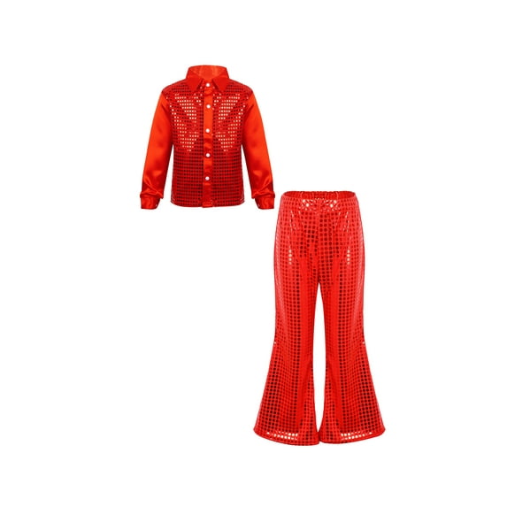 inlzdz Girls Boys Sequin Long Sleeve Button Down Shirt Flared Pants Dance Set for Disco Jazz Performance Red 9-10