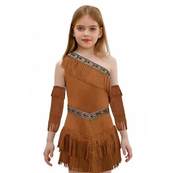 inlzdz Girls Brown Native Princess Dress One Shoulder Suede Fringe Short Dresses with Tassel Sleeves Brown 6