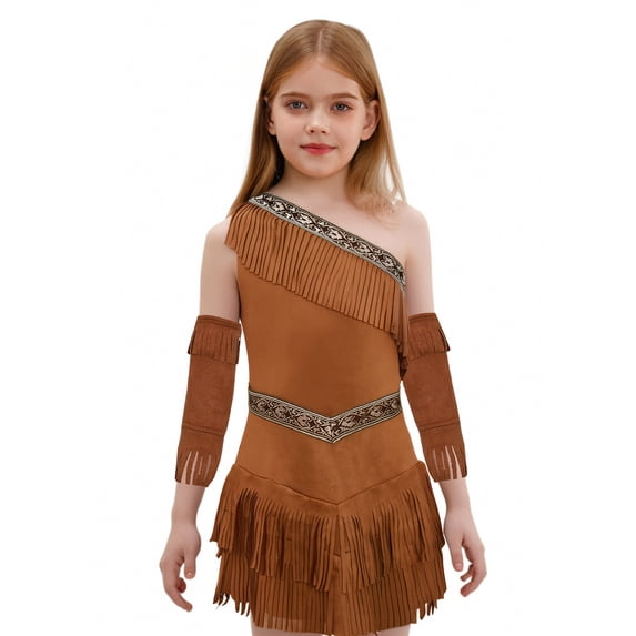 inlzdz Girls Brown Native Princess Dress One Shoulder Suede Fringe Short Dresses with Tassel Sleeves Brown 8
