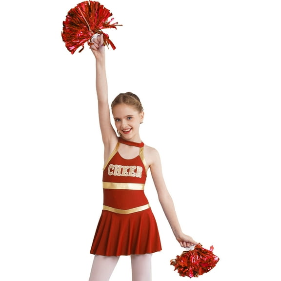 inlzdz Girls Cheer Leader Dance Dress Outfits Halloween Cheerleading Dancing Cosplay Party Dress Red 10
