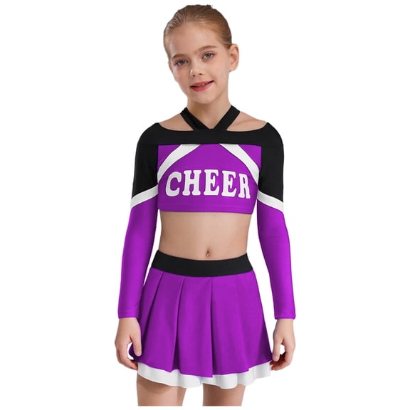 inlzdz Girls Cheerleading Uniform Cheer Leader Dance Crop Tops with Skirts Party Outfit 2-Piece Set Purple 8