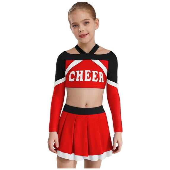 inlzdz Girls Cheerleading Uniform Cheer Leader Dance Crop Tops with Skirts Party Outfit 2-Piece Set Red 10