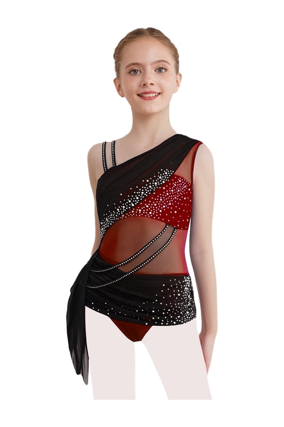 Girls Color Block Shiny Figure Skating Gymnastics Leotard Ruched Mesh Skirted Ballet Dance Bodysuit Burgundy 14
