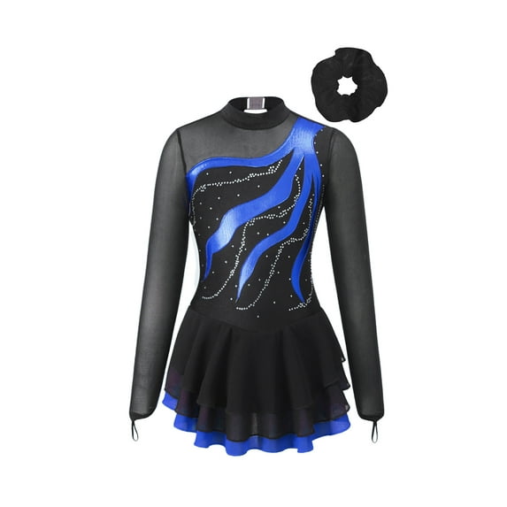 inlzdz Girls Figure Ice Skating Dress Sparkly Sheer Mesh Gymnastic Leotard Ballet Lyrical Dance Wear Royal Blue 8