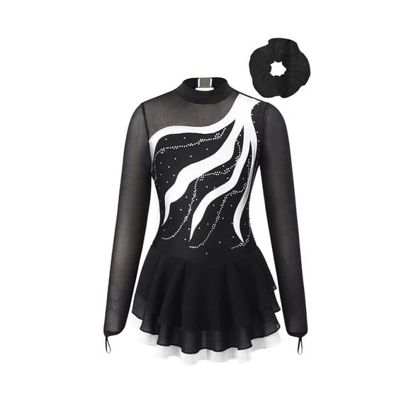 inlzdz Girls Figure Ice Skating Dress Sparkly Sheer Mesh Gymnastic Leotard Ballet Lyrical Dance Wear White 16