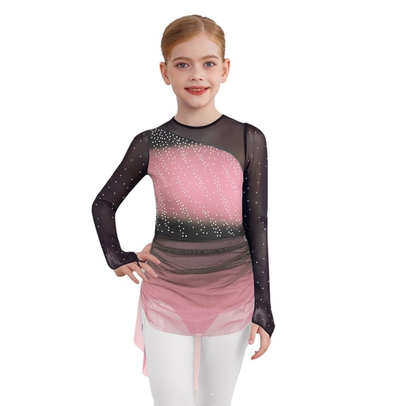 inlzdz Girls Figure Skating Dress Gradient Color Long Sleeve Dance Leotard Competition Dacnewear Pink 14