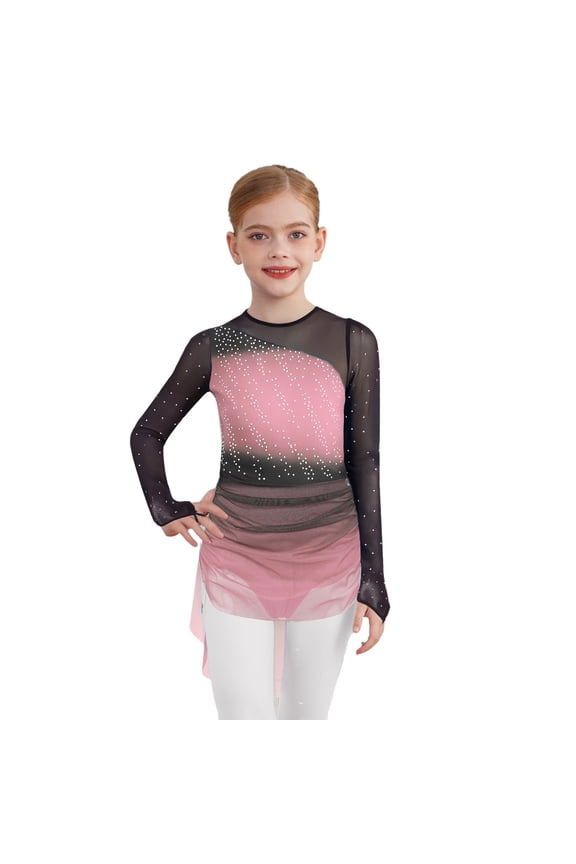 Girls Figure Skating Dress Gradient Color Long Sleeve Dance Leotard Competition Dacnewear Pink 6