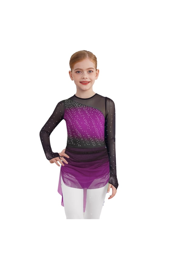 Girls Figure Skating Dress Gradient Color Long Sleeve Dance Leotard Competition Dacnewear Purple 6
