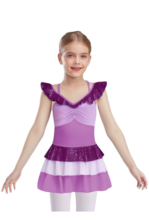 Girls Figure Skating Dress Sleeveless Tiered Ruffled Mermaid Ballet Dance Tutu Skirt Dancewear Purple 16
