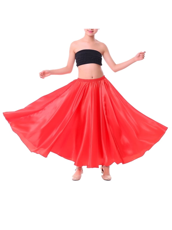 Girls Flamenco Dance Skirt Full Circle Mexican Folkloric Belly Dance Costume Flowy Maxi Skirt Red 7-8