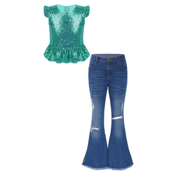 inlzdz Girls Flare Outfits Sparkle Ruffle Sleeve Dance Crop Top with Flared Jeans Denim Pants Set Lake Green 12