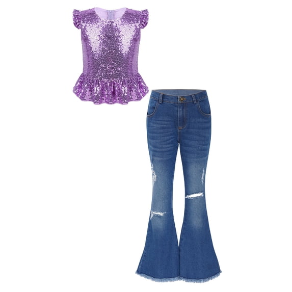 inlzdz Girls Flare Outfits Sparkle Ruffle Sleeve Dance Crop Top with Flared Jeans Denim Pants Set Lavender 16