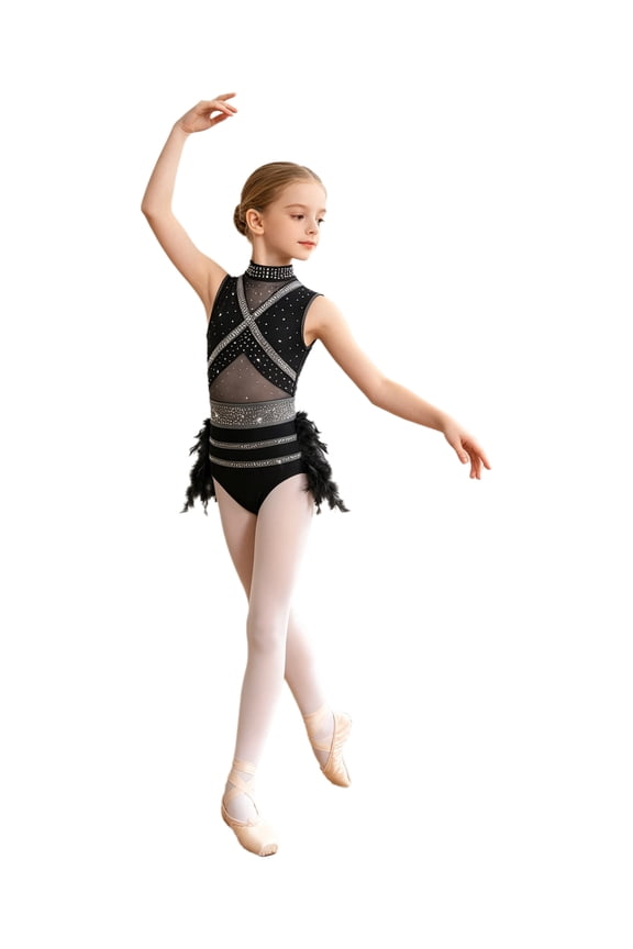Girls Glitter Latin Dance Dress Rhinestone Feather Salsa Ballroom Dance Leotard Sparkly Jazz Skating Suit Black 12