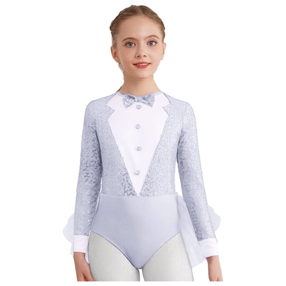 inlzdz Girls Glittery Sequins Modern Jazz Dance Leotard Long Sleeve Bowtie Tuxedo Bodysuit Party Wear White 10