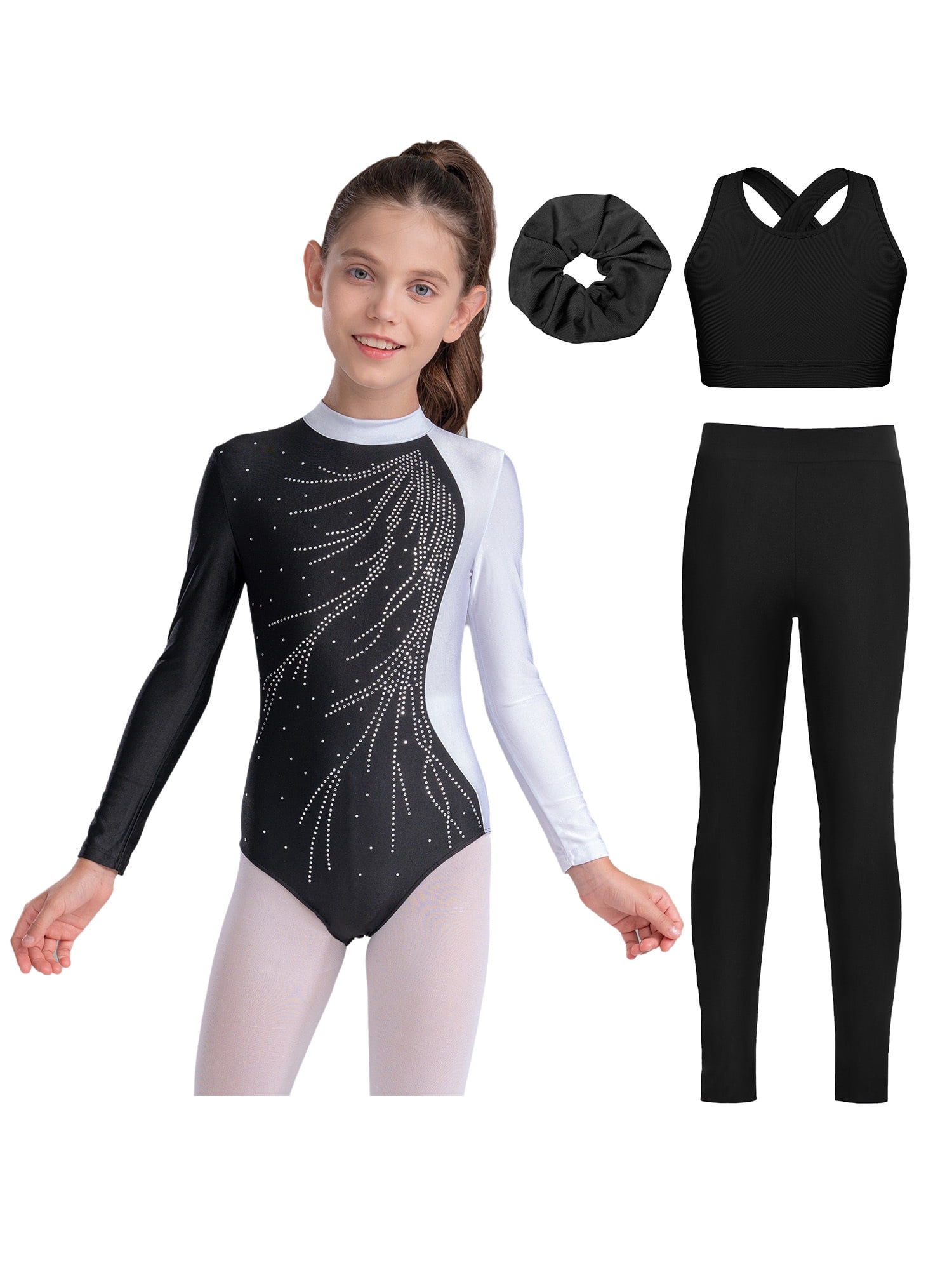 inlzdz Girls Gymnastics Leotard Set Sparkly Long Sleeve Ballet Dance ...