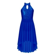 inlzdz Girls Halter Sequins Lyrical Dance Dress Irregular Hem Ballet Modern Dance Costume Maxi Gown Royal Blue 8