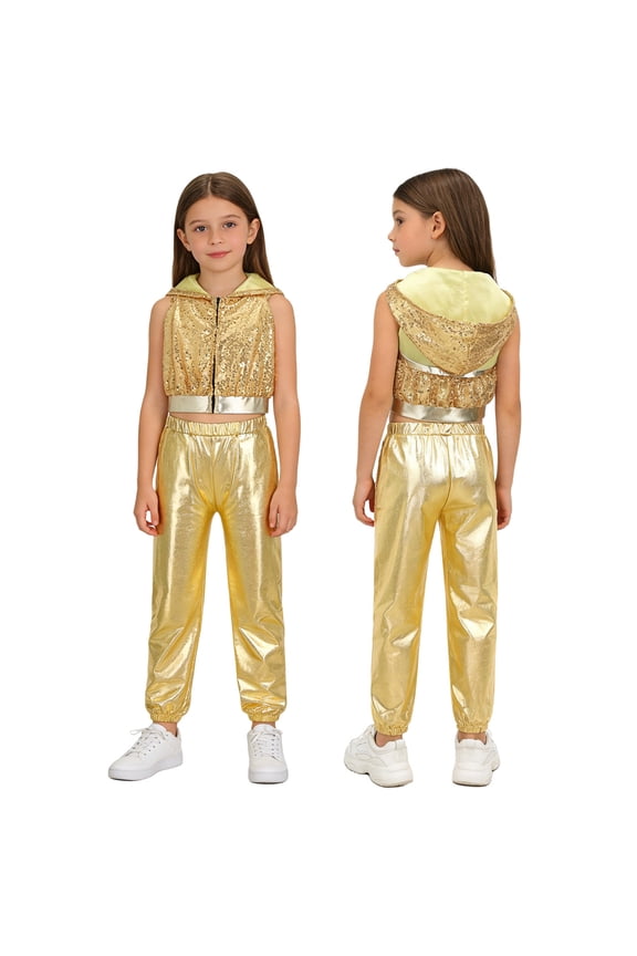 Girls Hip-Hop Jazz Modern Dance Sets Sleeveless Sparkly Sequins Hooded Crop Top with Metallic Pants Gold 6