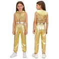 thumbnail image 1 of inlzdz Girls Hip-Hop Jazz Modern Dance Sets Sleeveless Sparkly Sequins Hooded Crop Top with Metallic Pants Gold 8, 1 of 7