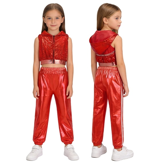 inlzdz Girls Hip-Hop Jazz Modern Dance Sets Sleeveless Sparkly Sequins Hooded Crop Top with Metallic Pants Red 6